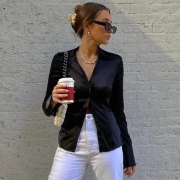 WeWoreWhat Silky Button Down in Black - Picture 1 of 4